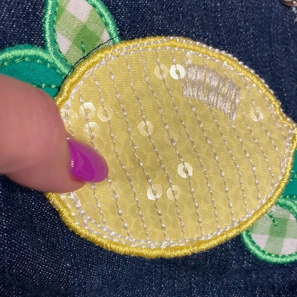 Baby girl 12 M shortalls sequins lemon appliqué / attached green check tie belt